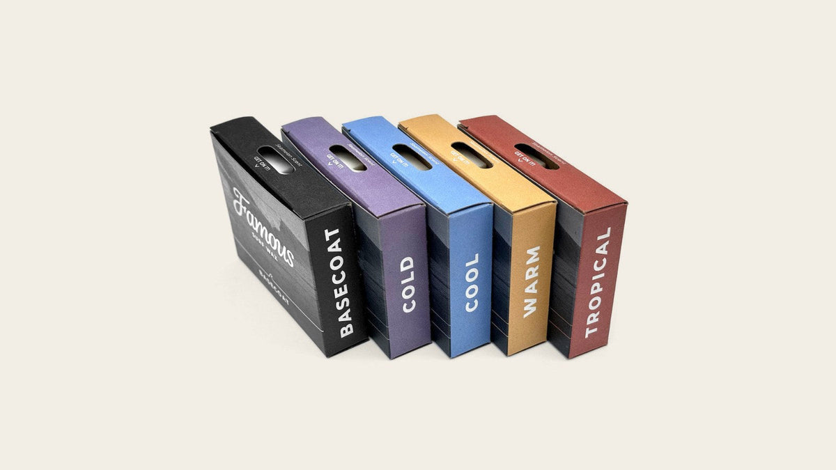 Famous surf wax boxes: Basecoat, Cold, Cool, Warm and Tropical